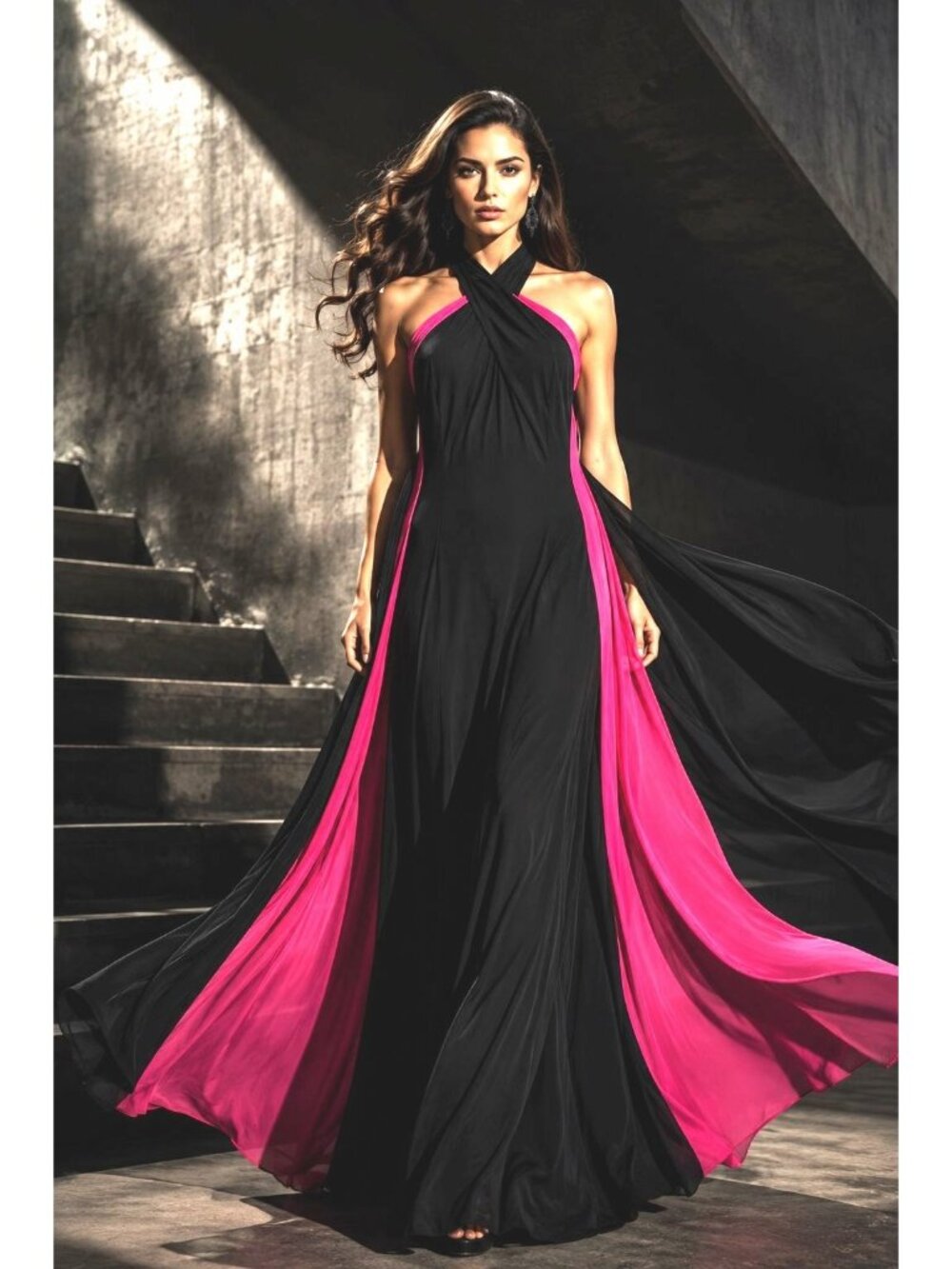 Alex Marie Size 8 Black Pink Halter Formal Maxi Dress Pink Back Colorblock Panel